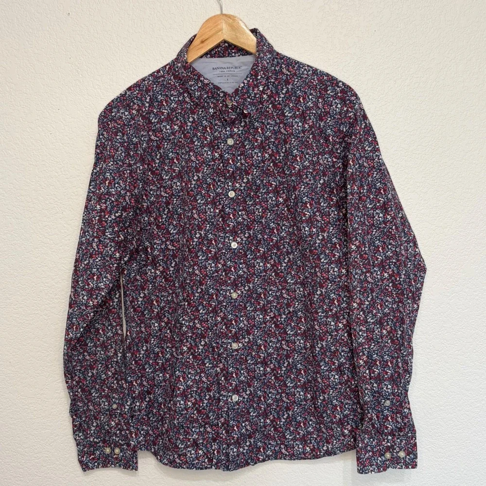 Banana Republic Luxe Poplin Shirt Mens Large Untucked Slim Fit Floral Red Blue